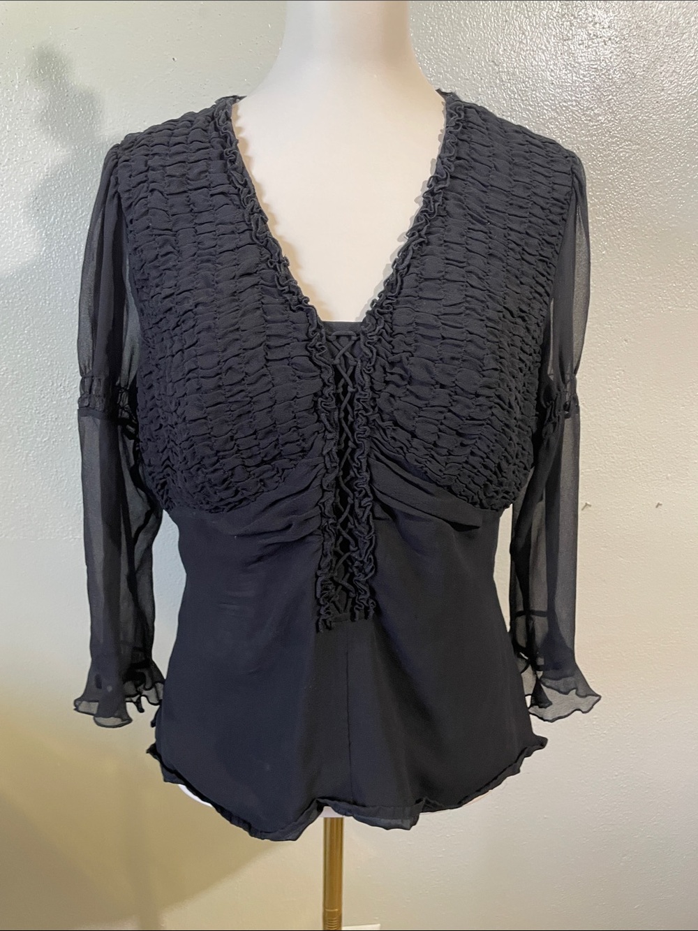 Citrine Silk Romantic Peasant Top Black Smocked Sheer Sleeve Boho Sz 16 Feminine
